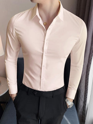 Louis Vicaci Super Stretchy Slim Fit Long Sleeve Summer Formal Casual Shirt For Men-Light Pink-BE1324