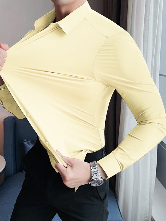Louis Vicaci Super Stretchy Slim Fit Long Sleeve Summer Formal Casual Shirt For Men-Lime Yellow-BE1191/BR13429