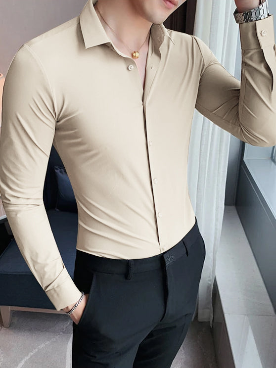 Louis Vicaci Super Stretchy Slim Fit Long Sleeve Summer Formal Casual Shirt For Men-Skin-BE1146/BR13389