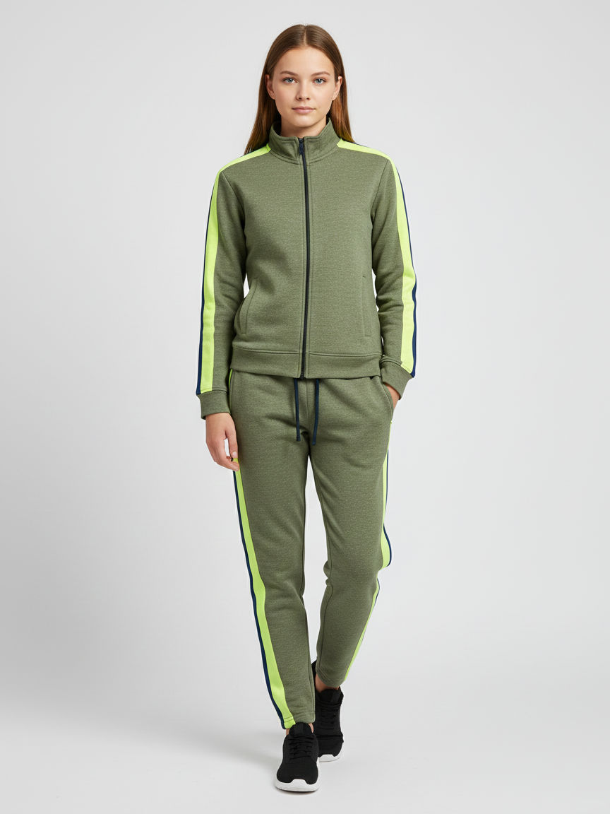 Louis Vicaci Fleece Zipper Tracksuit For Ladies-Green Melange With Lime Stripes-LVTS015