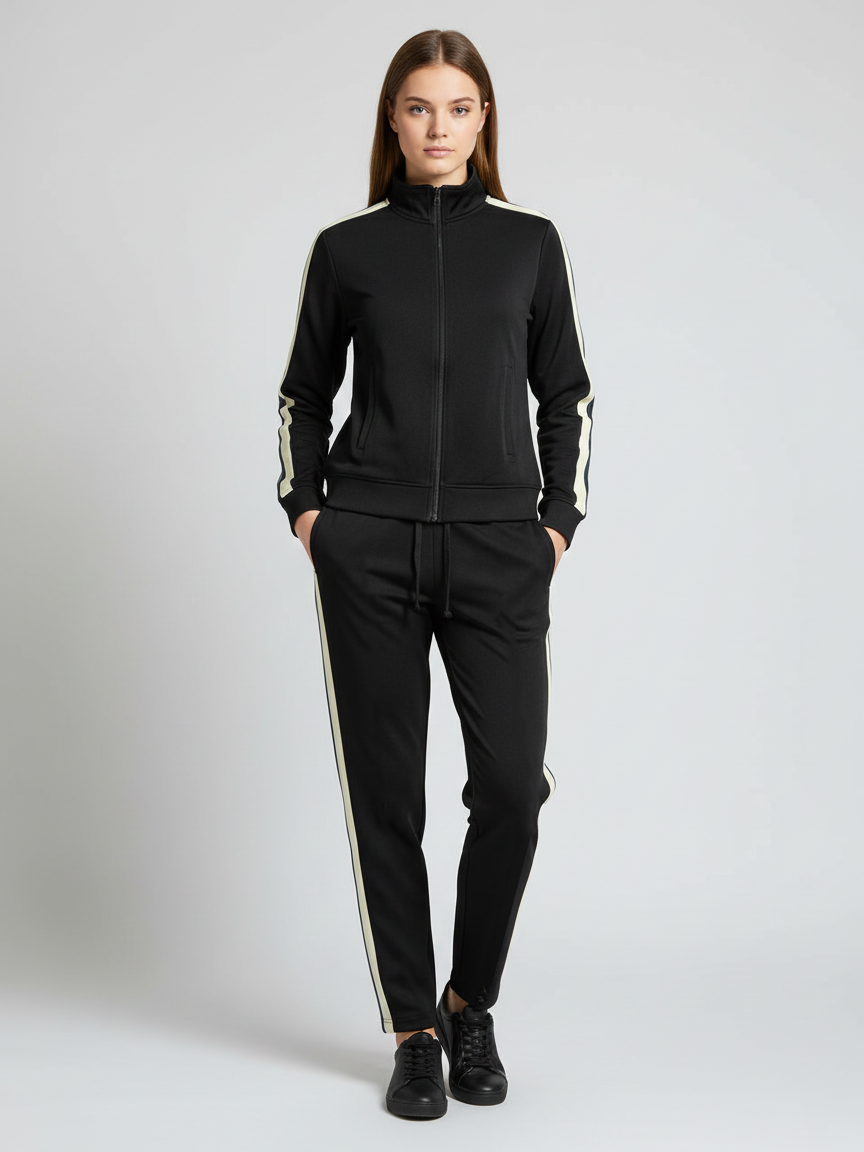 Louis Vicaci Fleece Zipper Tracksuit For Ladies-Black With Skin Stripes-LVTS008