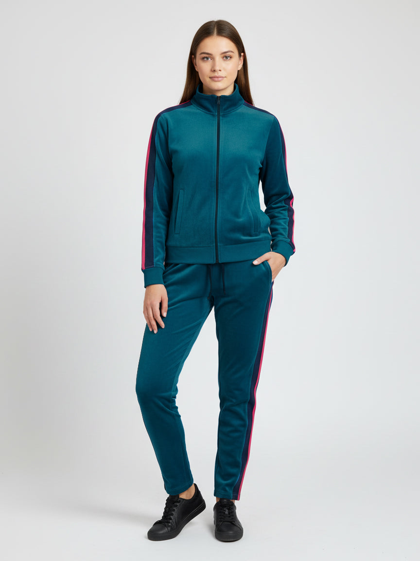 Louis Vicaci Fleece Zipper Tracksuit For Ladies-Dark Zinc With Black & Red Stripes-LVTS007