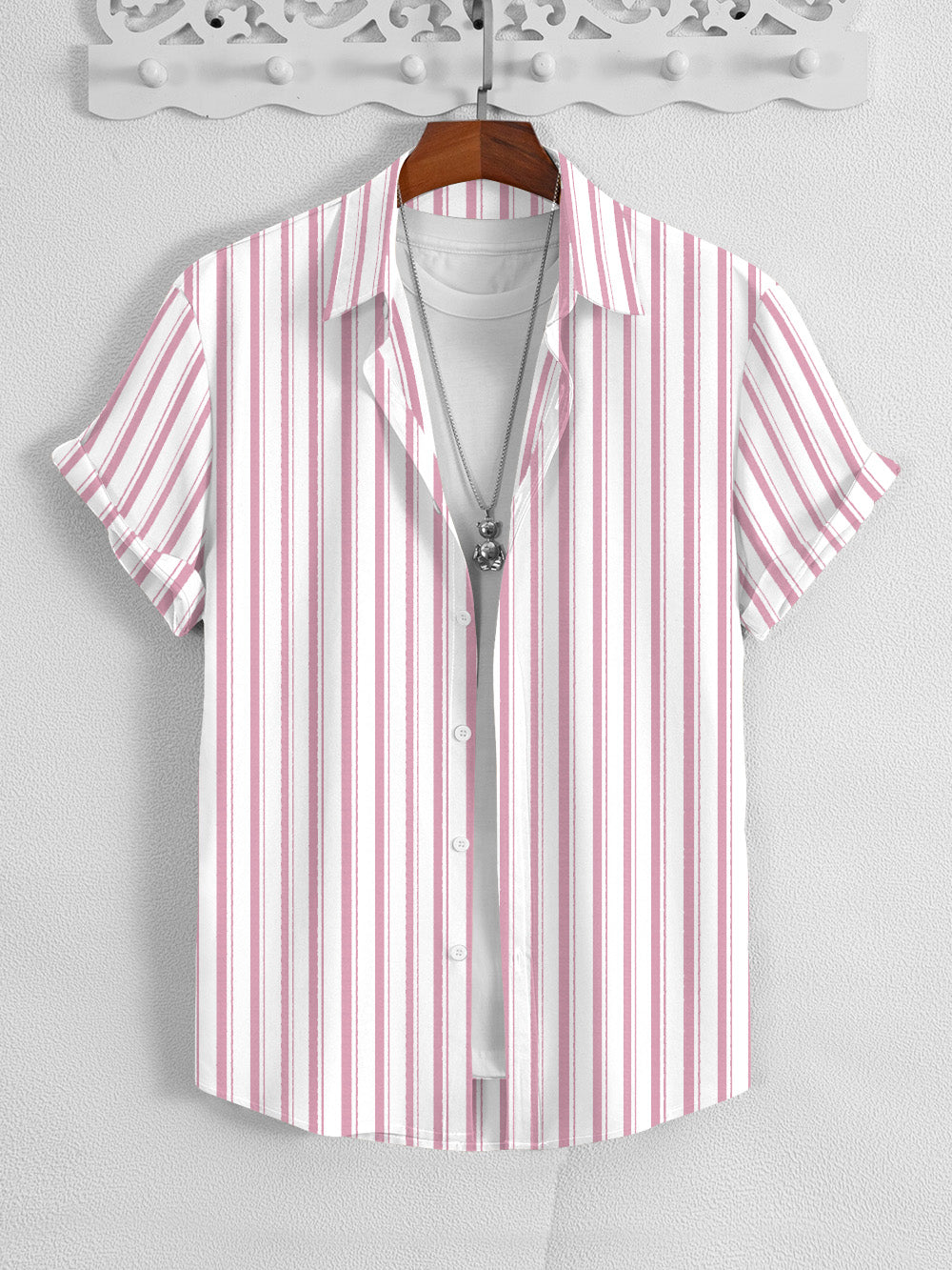 MD Premium Casual Shirt For Men-White with Coral Pink Allover Lining-BE1428