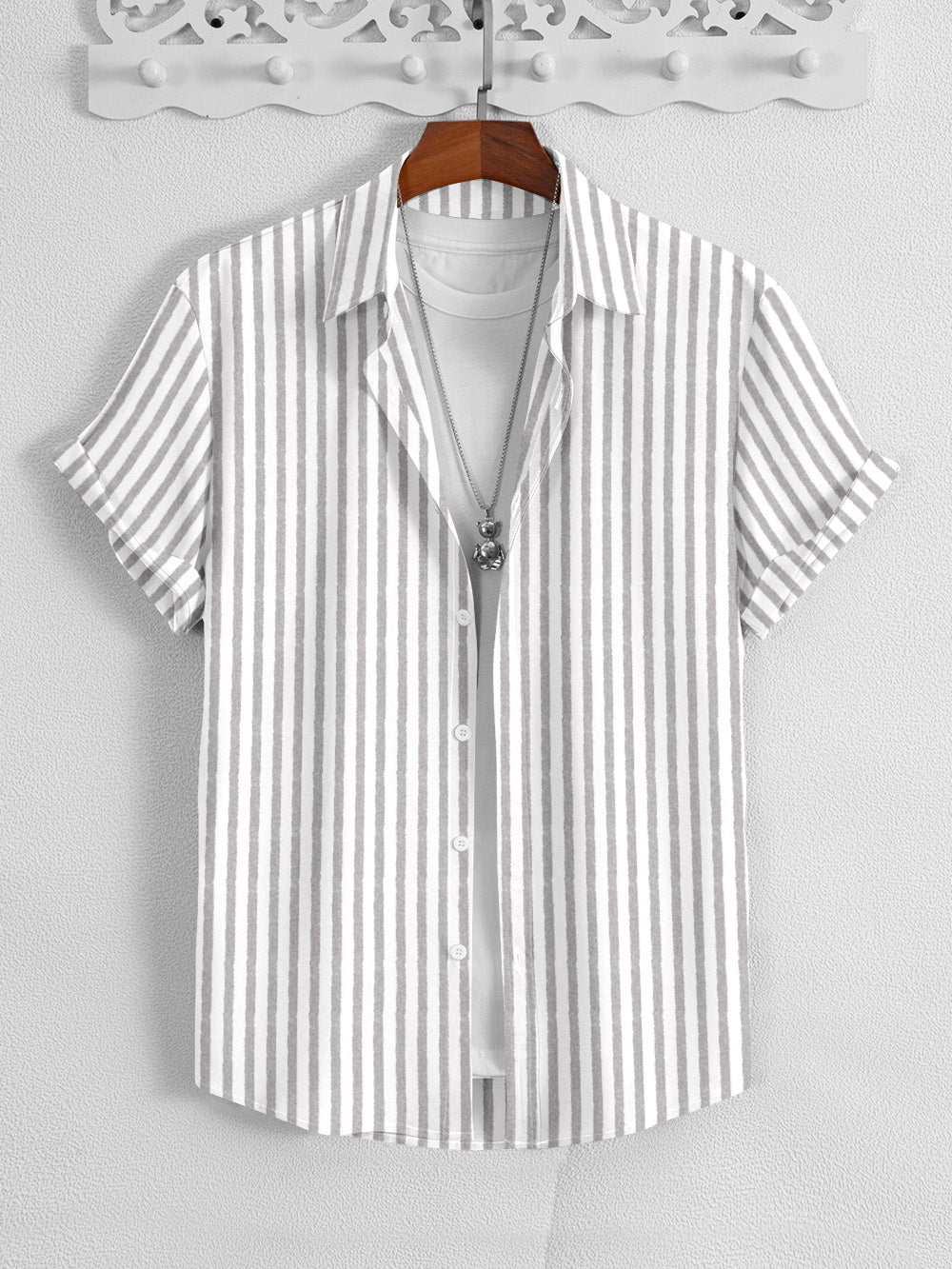 MD Premium Casual Shirt For Men-White with Grey Lining-BE1411