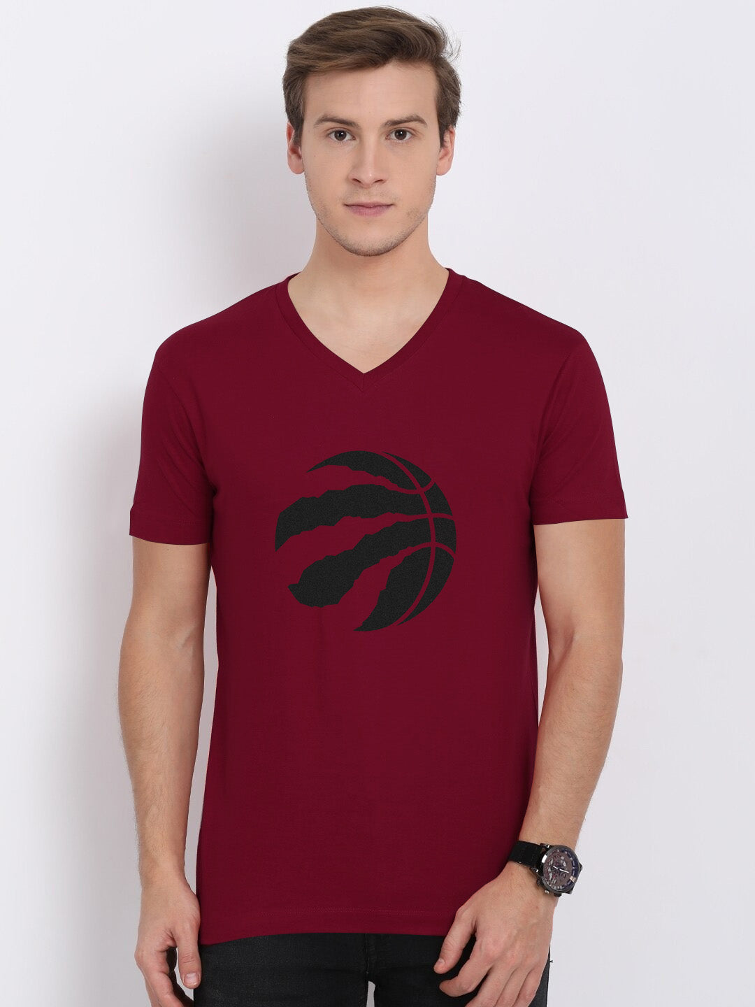 Magestic Single Jersey V Neck Tee Shirt For Men-Dark Red with Print-BE1134