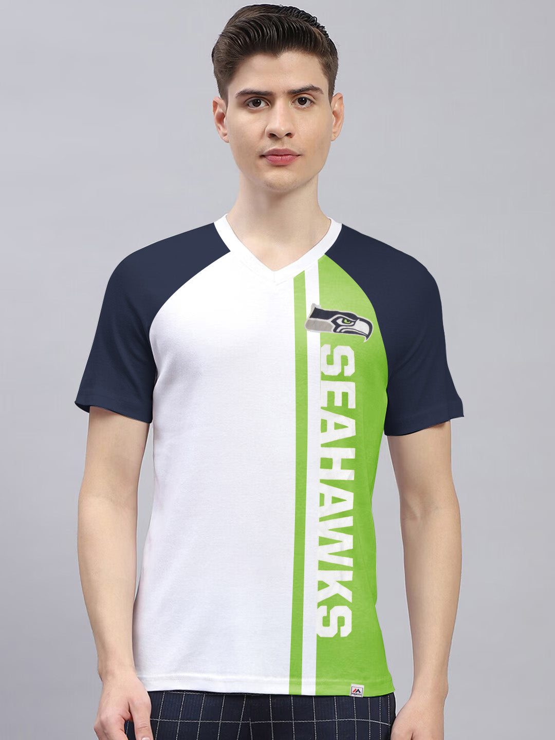 Magestic Single Jersey V Neck Tee Shirt For Men-White with Green & Navy-BE1135