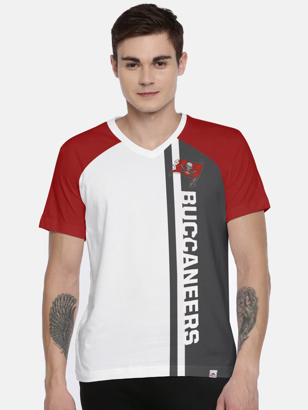 Magestic Single Jersey V Neck Tee Shirt For Men-White with Red & Charcoal-BE1136