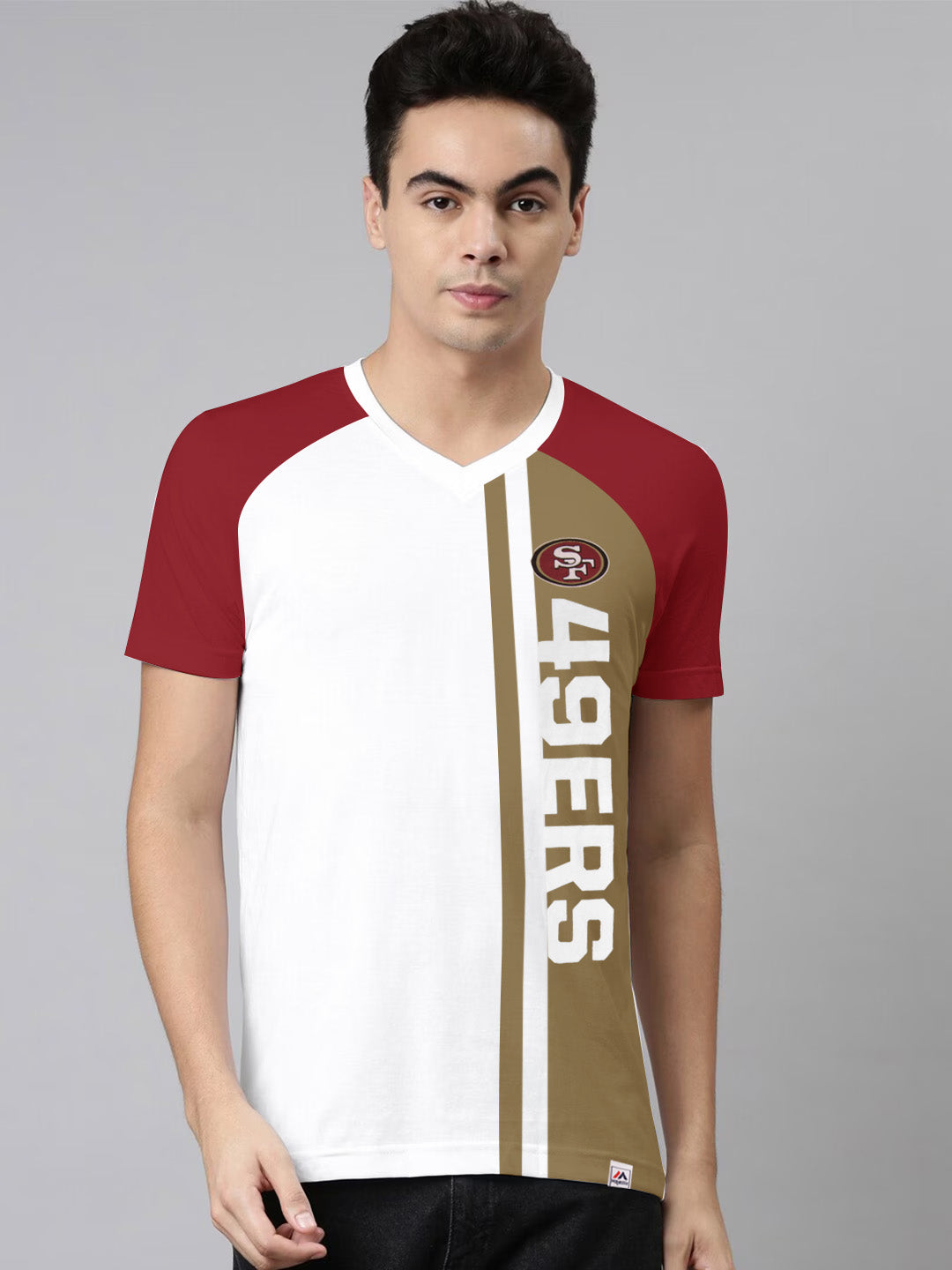 Magestic Single Jersey V Neck Tee Shirt For Men-White with Red & Golden-BE1137