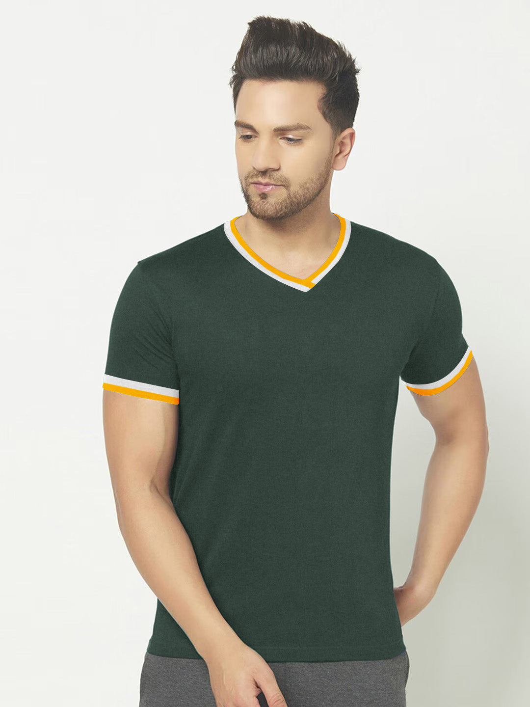 Magestic V Neck Half Sleeve Tee Shirt For Men-Green Melange-BE1123