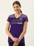 Majestic V Neck Neck Net Sleeve Tee Shirt For Ladies-Purple with Print-SP3103