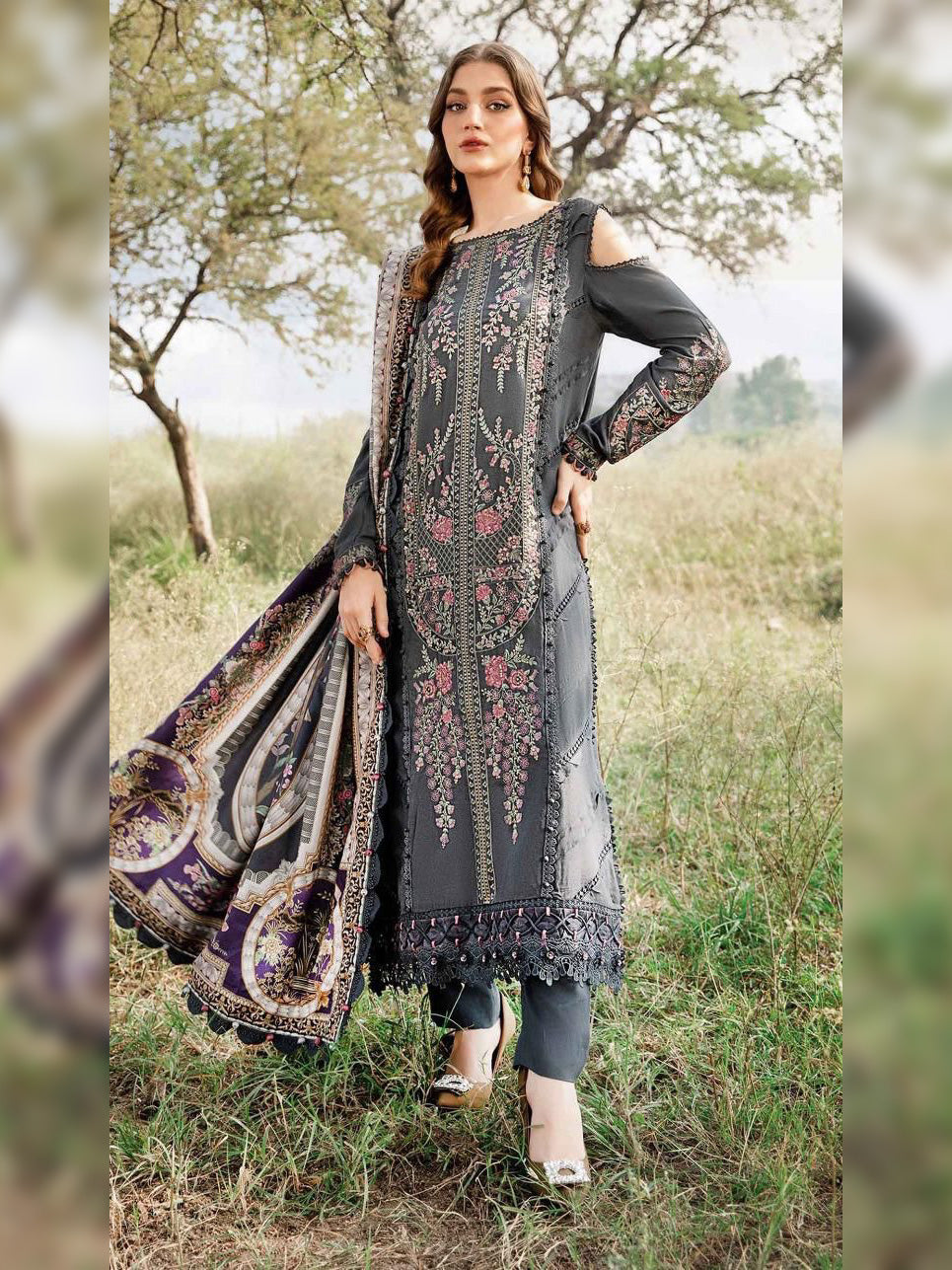 Maria B. Embroidered Lawn Unstitched 3 Pcs Suit For Women-BE3156/BR15056