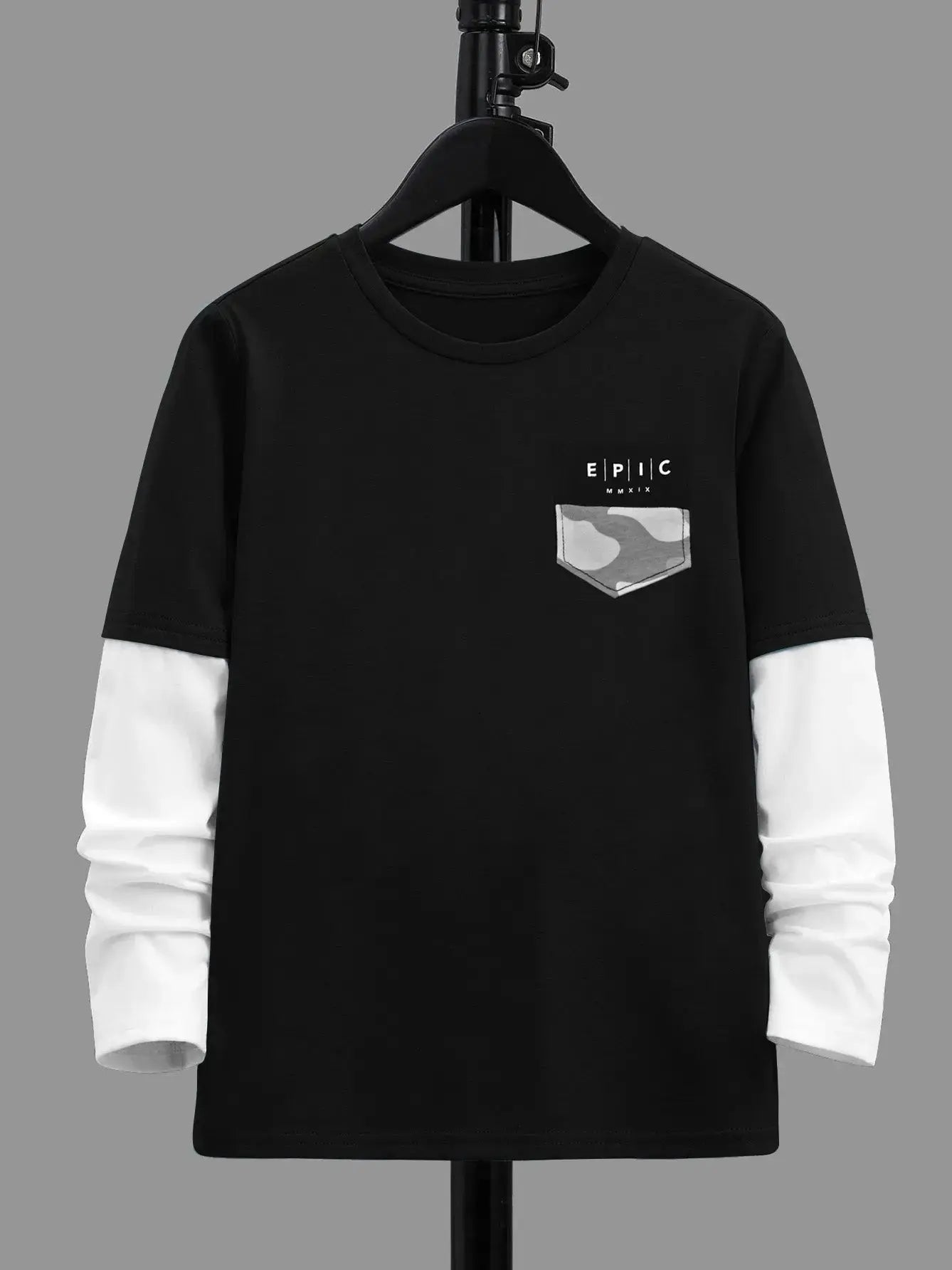 Maxx Crew Neck Long Sleeve Single Jersey Tee Shirt For Kids-Black & White-SP207/RT2114