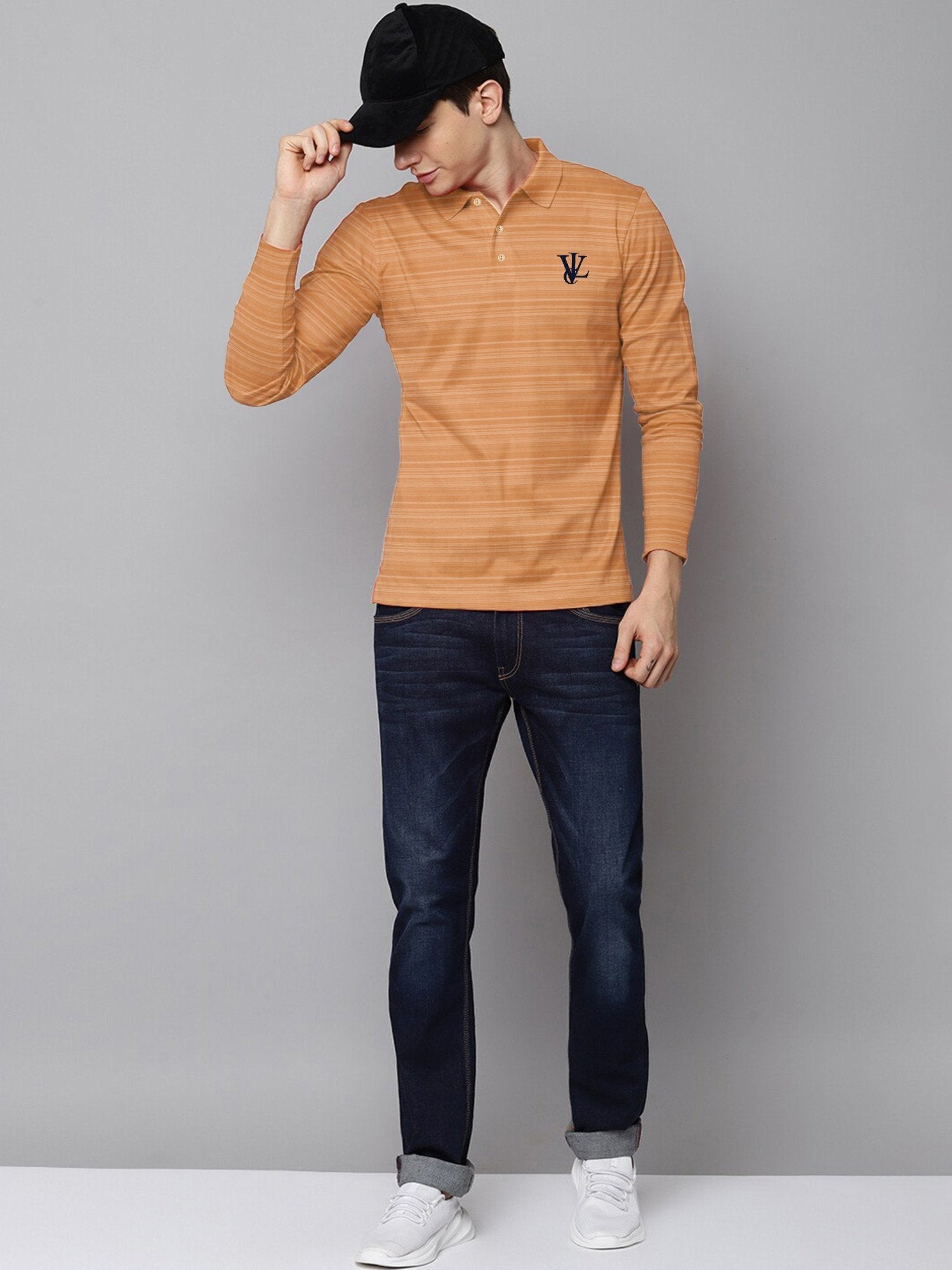Louis Vicaci Long Sleeve Polo For Men-Orange with Lining-BR905