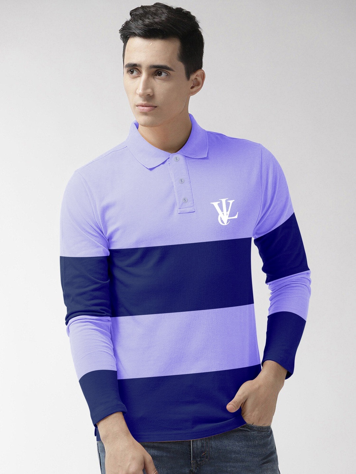 Louis Vicaci Long Sleeve Polo For Men-Light Blue with Royal-BR889