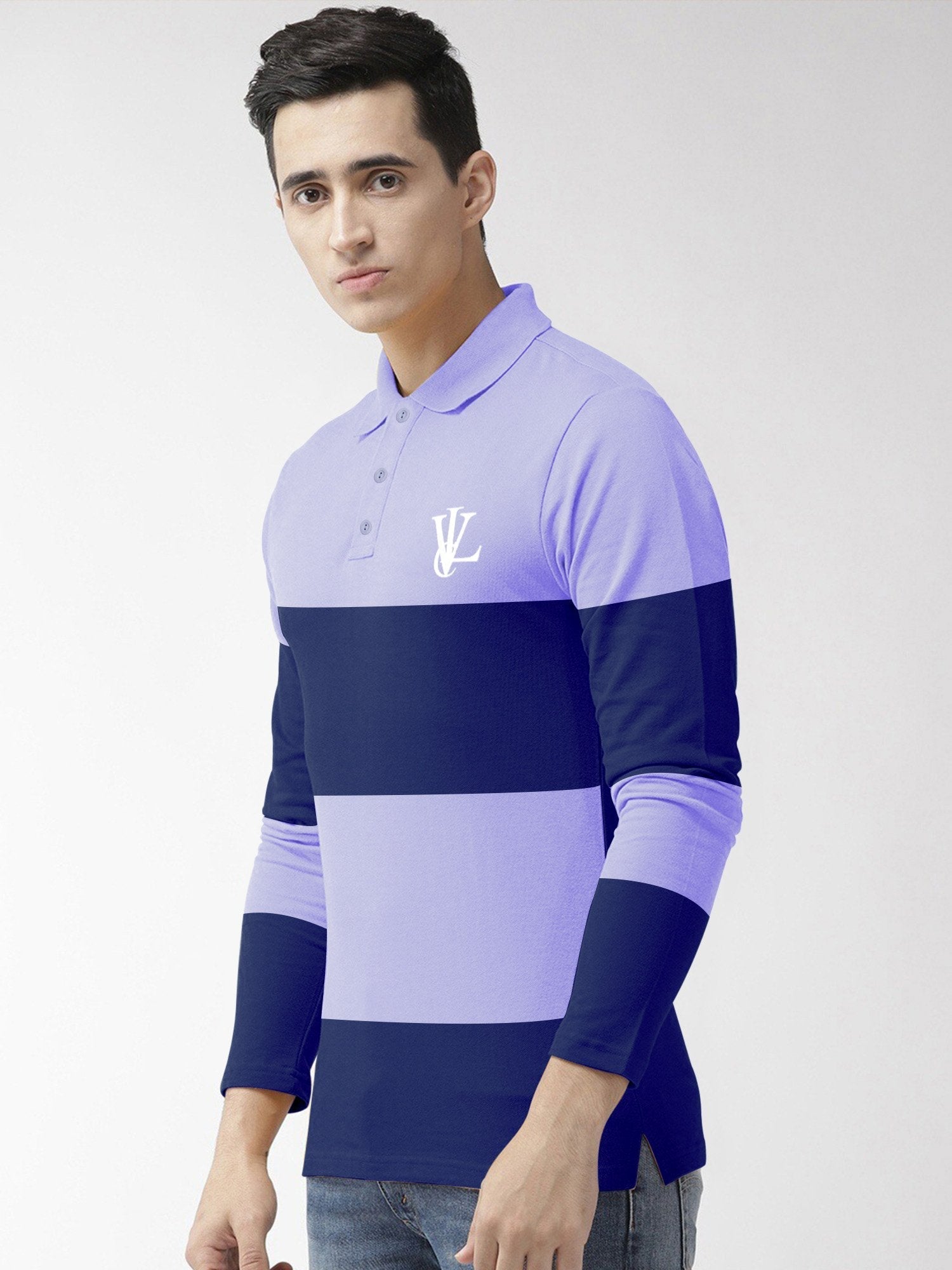 Louis Vicaci Long Sleeve Polo For Men-Light Blue with Royal-BR889