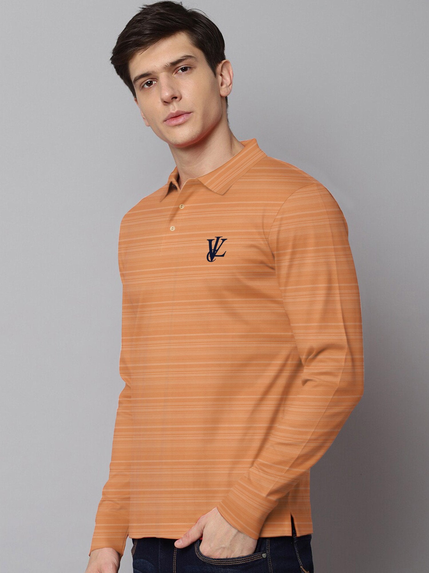 Louis Vicaci Long Sleeve Polo For Men-Orange with Lining-BR905