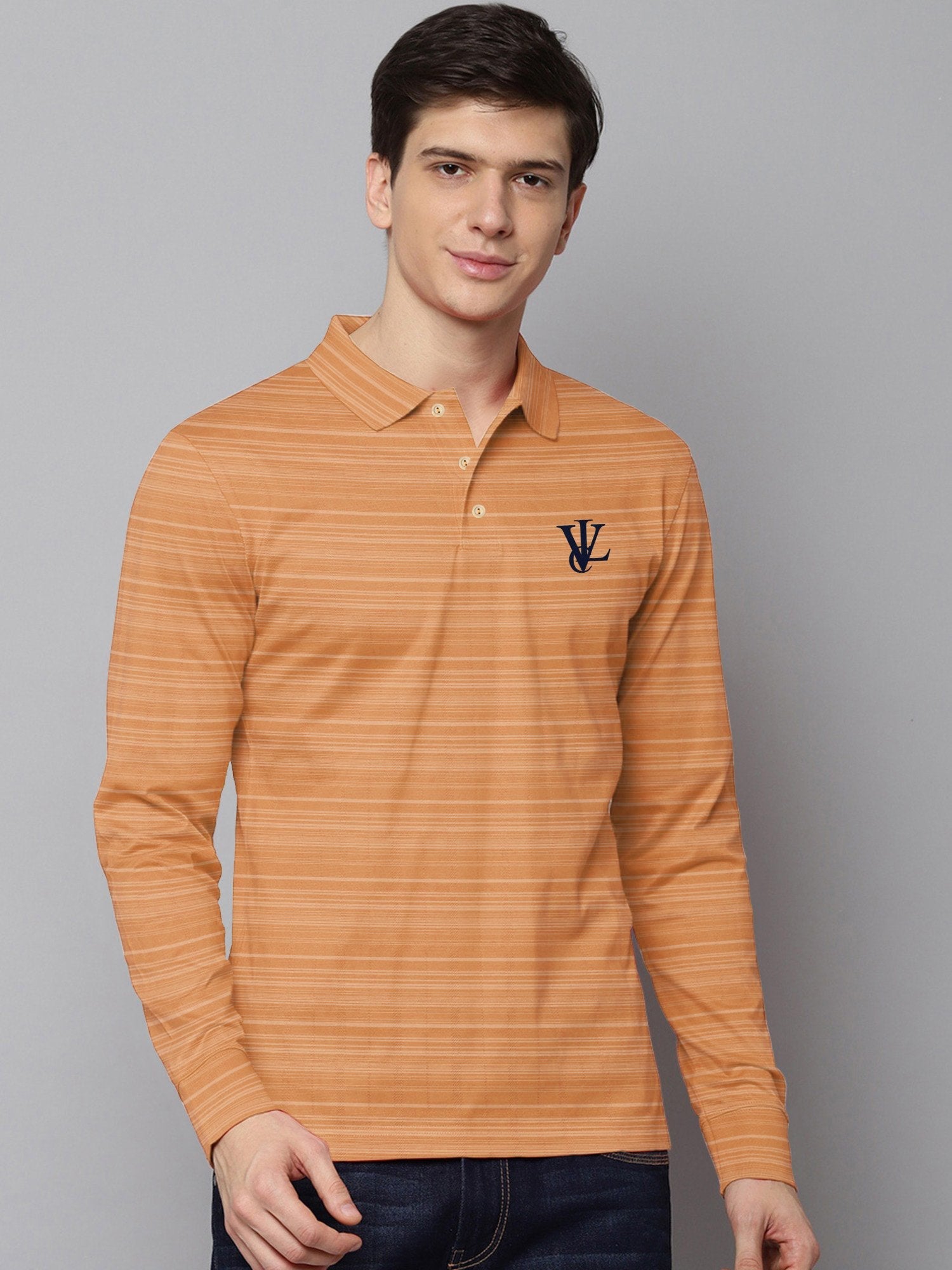 Louis Vicaci Long Sleeve Polo For Men-Orange with Lining-BR905