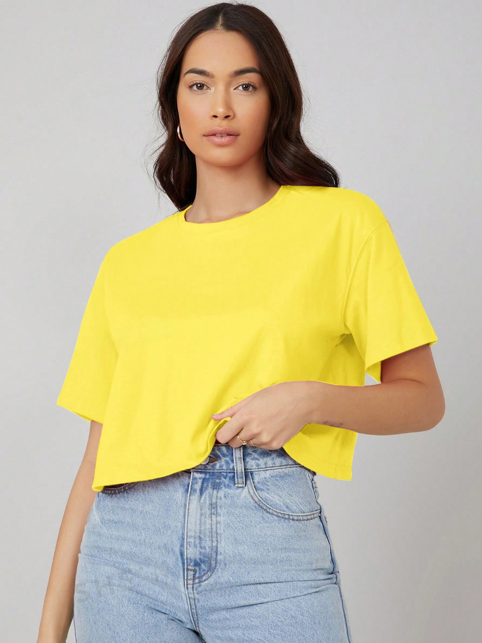 Miss Popular Crew Neck Crop T Shirt For Women-Yellow-BE1441