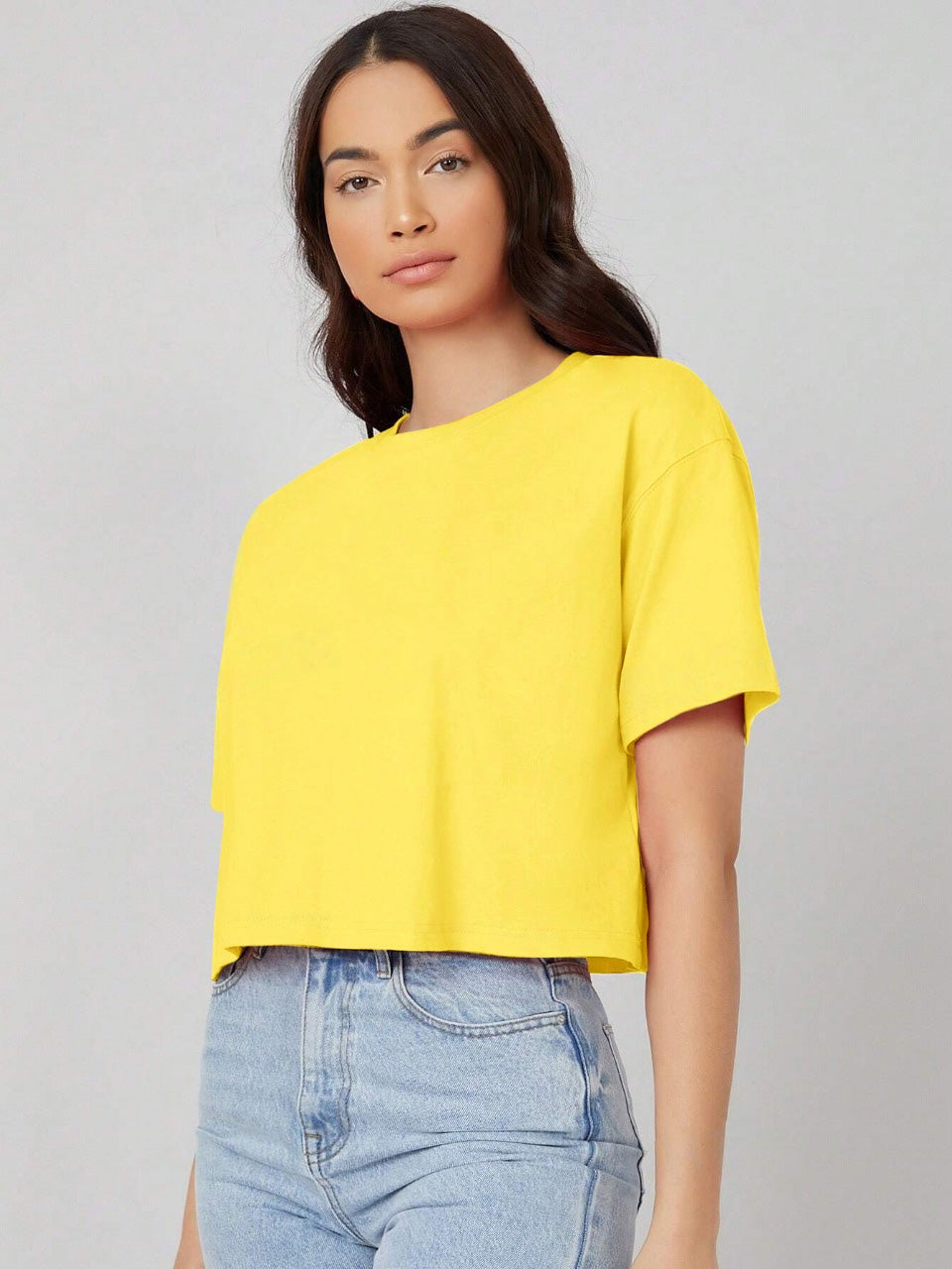 Miss Popular Crew Neck Crop T Shirt For Women-Yellow-BE1441