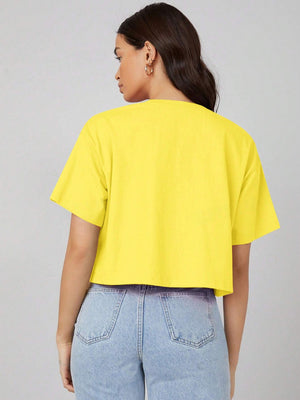 Miss Popular Crew Neck Crop T Shirt For Women-Yellow-BE1441