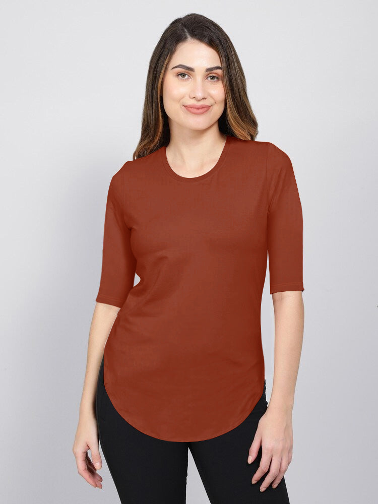 Miss Popular Curved Hem T Shirt For Women-Blaze Orange-BE1465