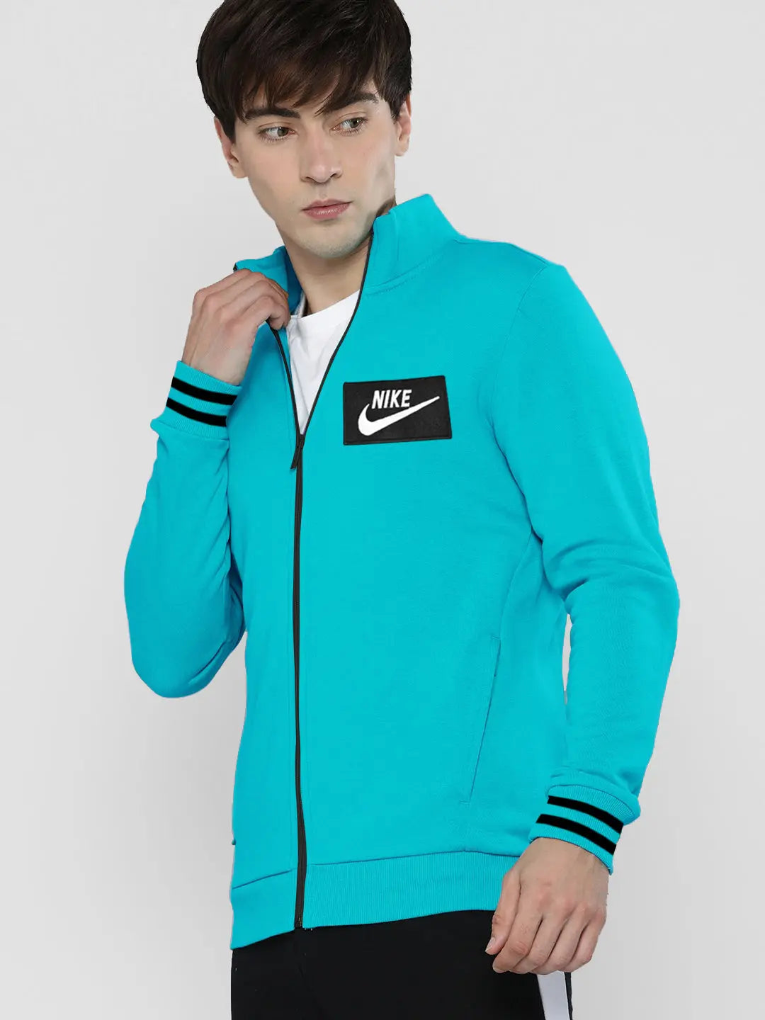 NK Fleece Zipper Mock Neck Jacket For Men Cyan Blue-SP314/RT2131