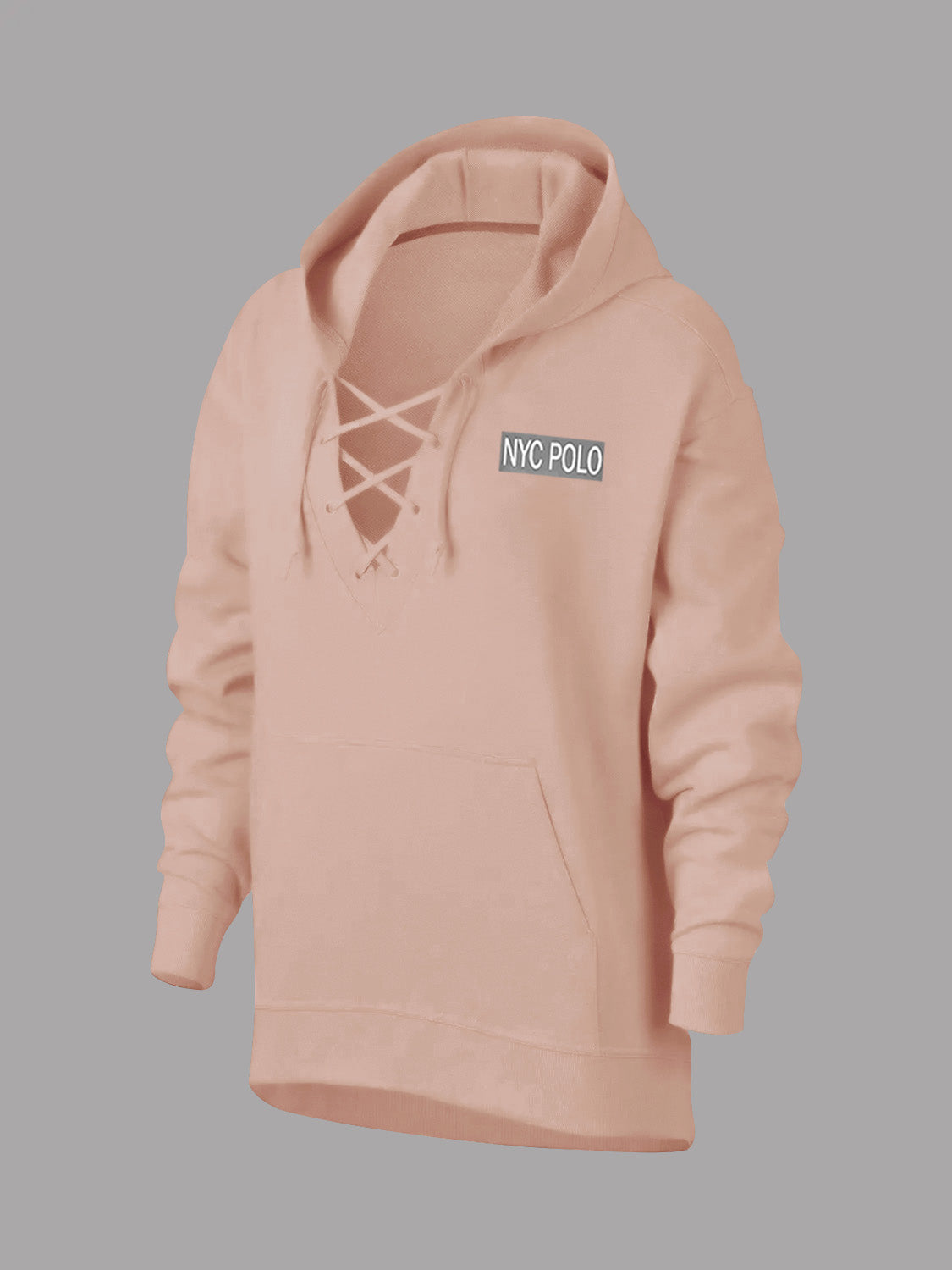 Nyc Polo Terry Fleece V Neck Laseup Hoodie For Ladies-Light Coral Pink-SP1556