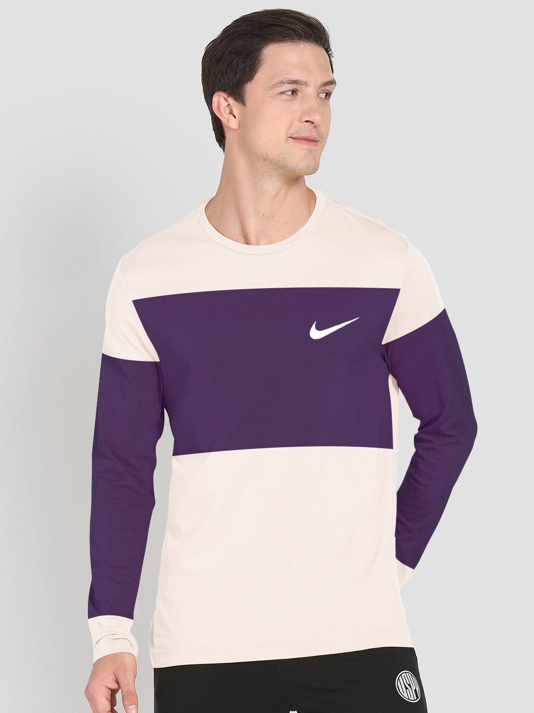 NK Crew Neck Tee Shirt For Men-Light Pink with Purple Panel-BE1221