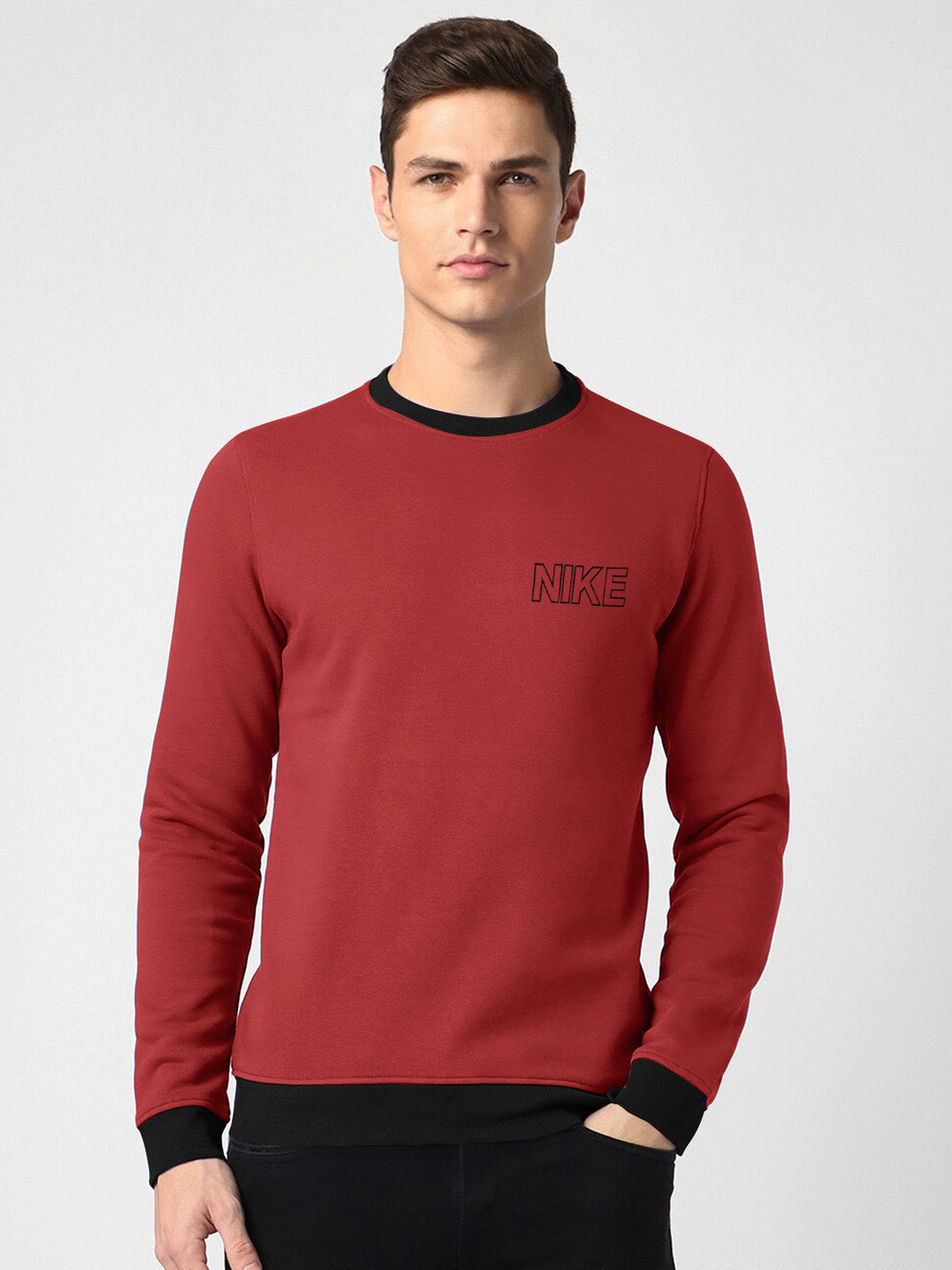 NK Fleece Funky Style Sweatshirt For Men-Coral Red with Black-BE2364