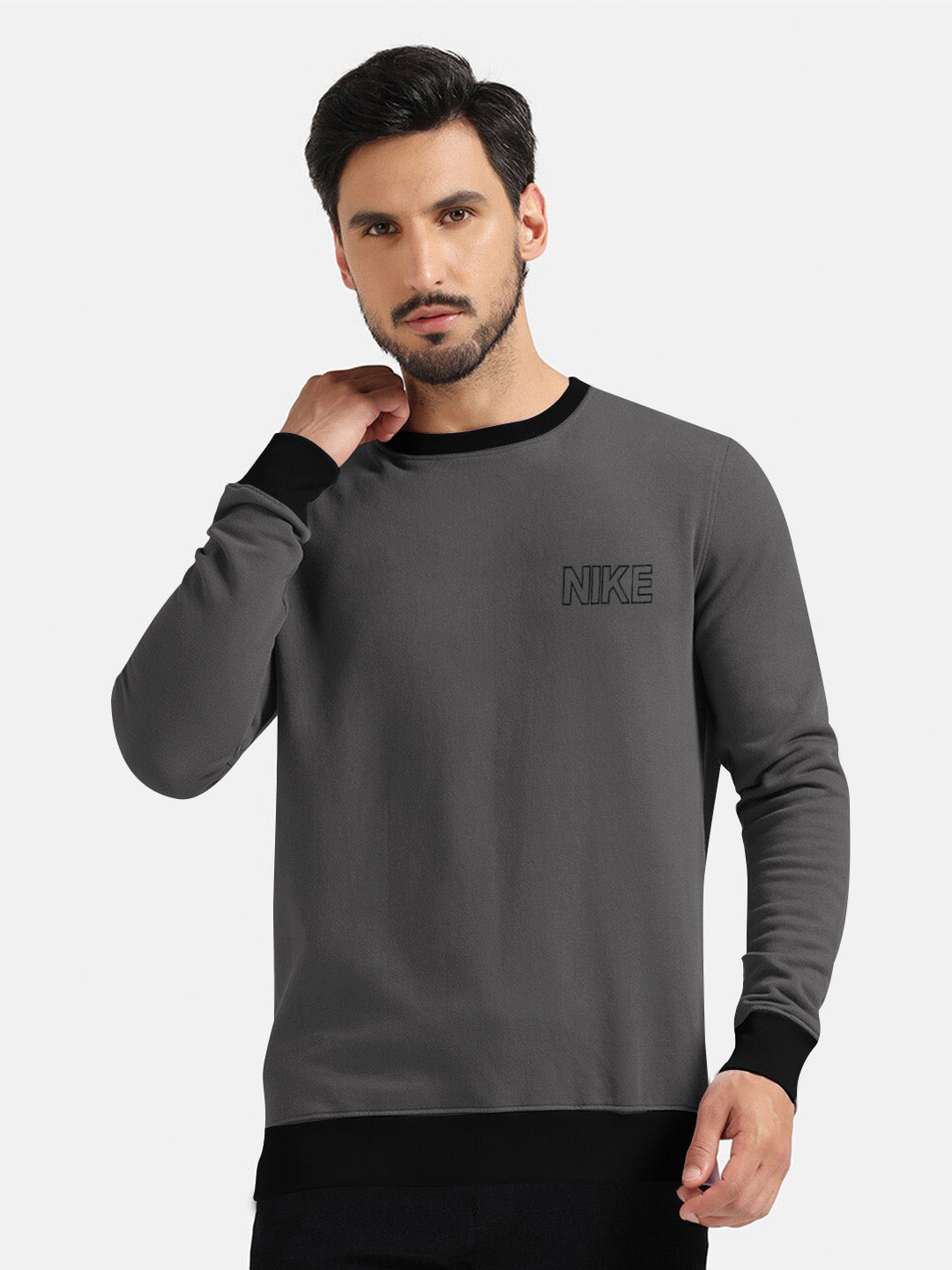 NK Fleece Funky Style Sweatshirt For Men-Dark Grey with Black-BE2399