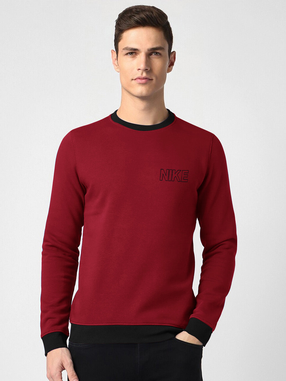 NK Fleece Funky Style Sweatshirt For Men-Dark Red with Black-BE2334