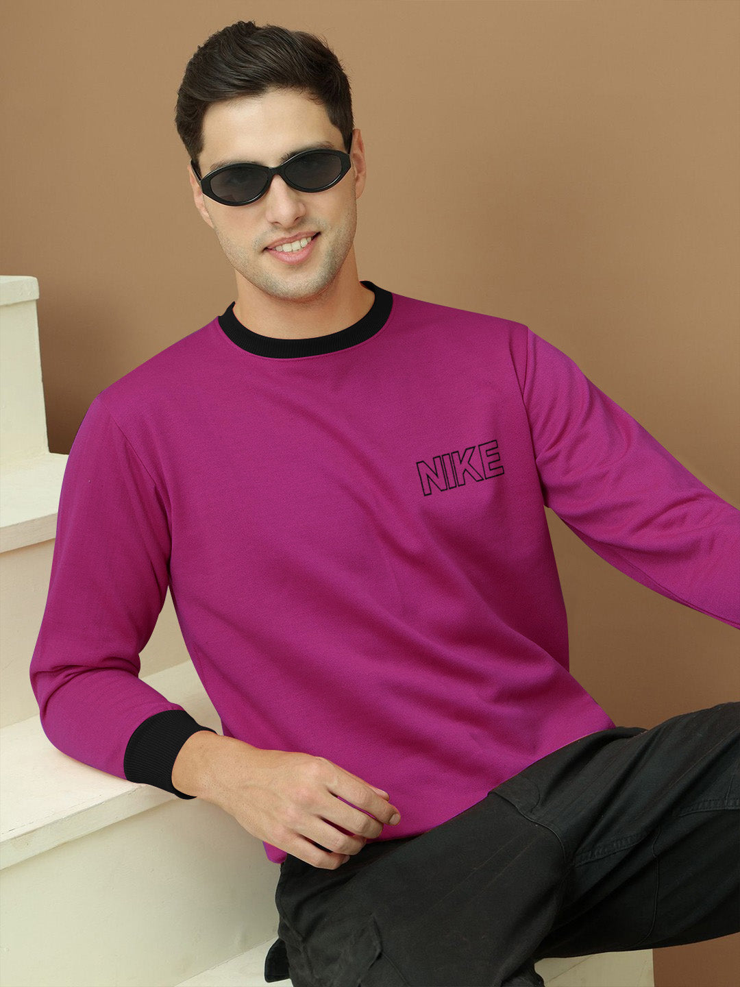 NK Fleece Funky Style Sweatshirt For Men-Magenta with Black-BE2502