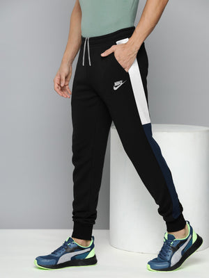 NK Fleece Jogger Sweatpant For Men-Black with White & Navy Panel-BE2613