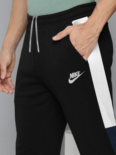 NK Fleece Jogger Sweatpant For Men-Black with White & Navy Panel-BE2613