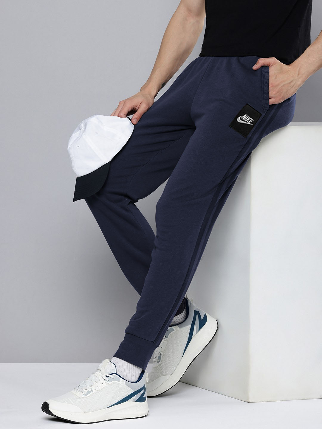 NK Fleece Slim Fit Jogger Trouser For Men-Navy with Stripe-BE2182