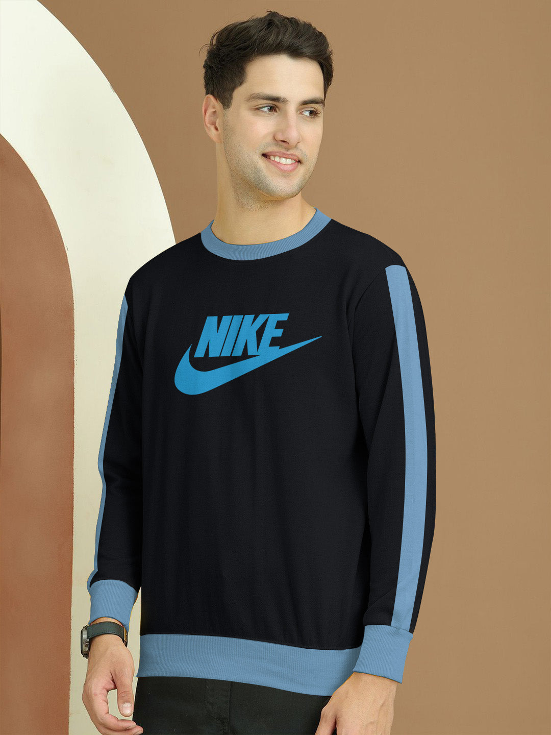 NK Fleece Sweatshirt For Men-Black with Sky Panels-BE2763