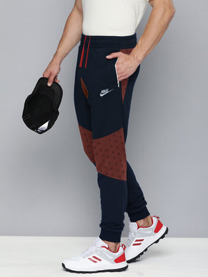 NK Terry Fleece Jogger Sweatpant For Men-Dark Navy with Brown Panel-BE2656