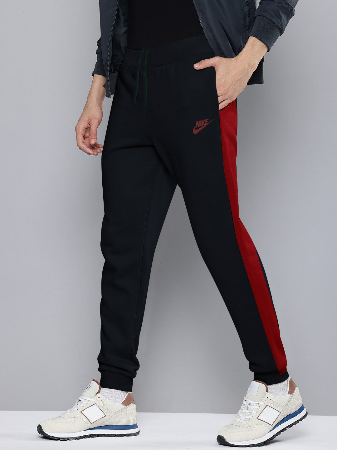 NK Terry Fleece Jogger Sweatpant For Men-Dark Navy with Red Panel-BE2660