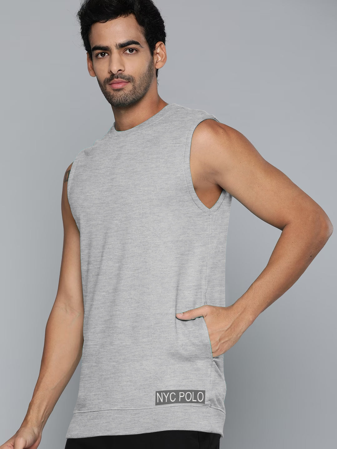 NK Terry Fleece Sleeveless Sweatshirt For Ladies-Grey Melange-BE626