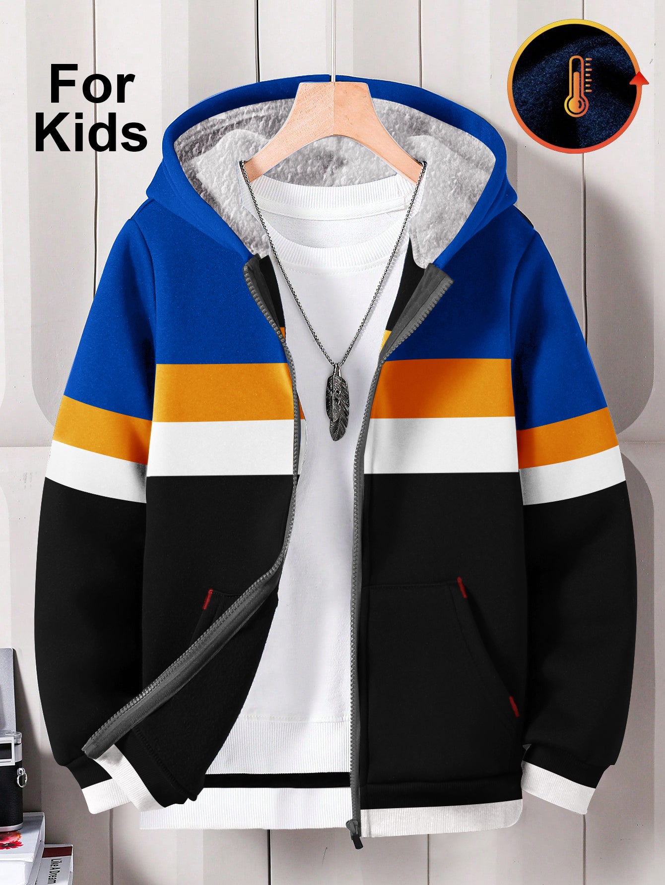 NXT Inner Fur Hood Fleece Full Zipper Hoodie For Kids-Black, Blue with Orange & White Panels-BE2795/BR14680