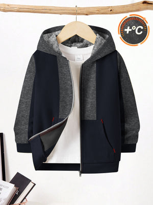 NXT Inner Fur Hood Fleece Full Zipper Hoodie For Kids-Dark Navy with Charcoal Melange Panels-BE2555/BR14526