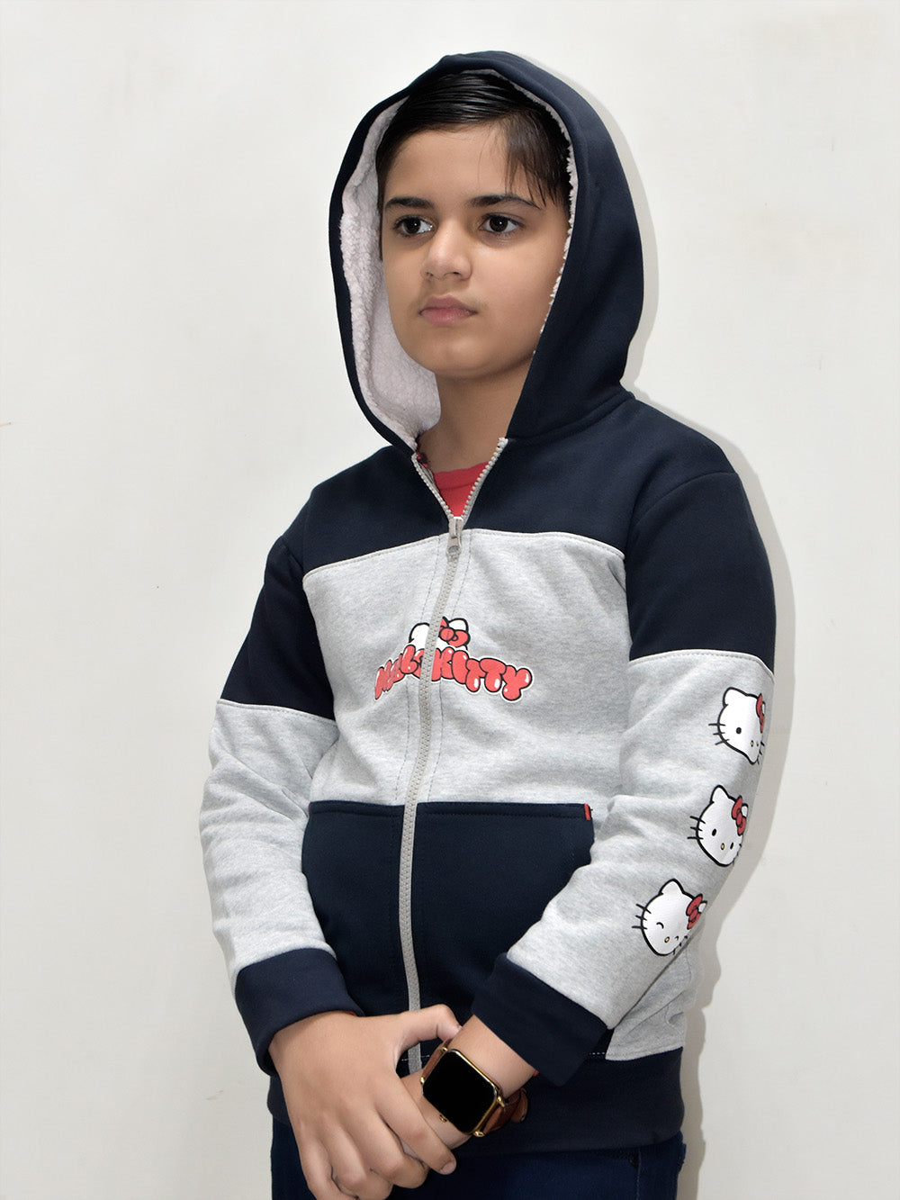 NXT Inner Fur Hood Fleece Full Zipper Hoodie For Kids-Grey Melange with Navy Panels-BE2425/BR14482