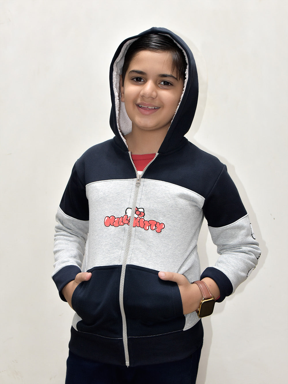 NXT Inner Fur Hood Fleece Full Zipper Hoodie For Kids-Grey Melange with Navy Panels-BE2425/BR14482