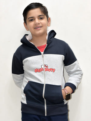 NXT Inner Fur Hood Fleece Full Zipper Hoodie For Kids-Grey Melange with Navy Panels-BE2425/BR14482