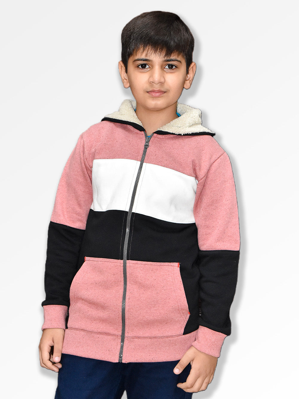 NXT Inner Hood Fur Fleece Full Zipper Hoodie For Kids-Pink with Black-BR14424