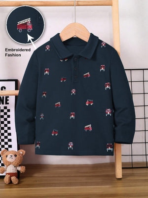 NXT P.Q Long Sleeve Polo Shirt For Kids-Prussian Blue with Embroidered-BE2875/BR14762