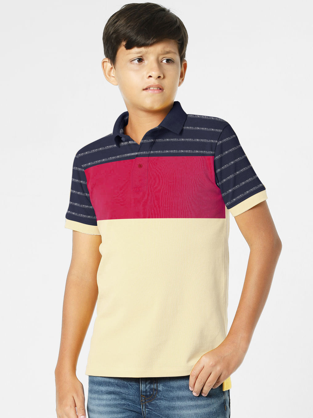 NXT Summer P.Q Polo Shirt For Kids-Off White with Pink & Dark Navy-BE938/BR13185