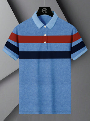 NXT Summer Polo Shirt For Men-Blue Melange with Navy & Red Stripe-BE706/BR12959