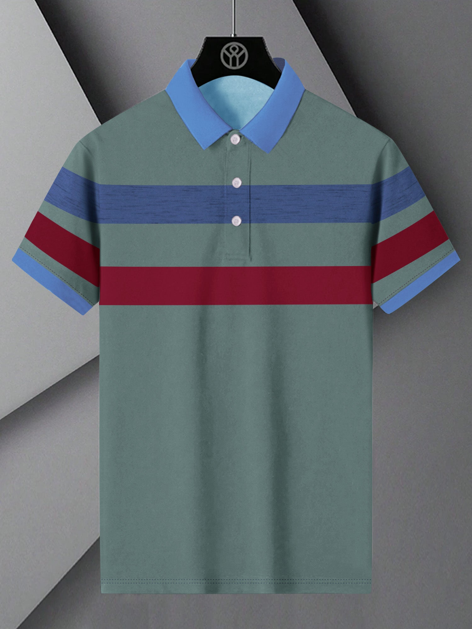 NXT Summer Polo Shirt For Men-Cyan Green with Blue & Red Stripe-BE739/BR12989