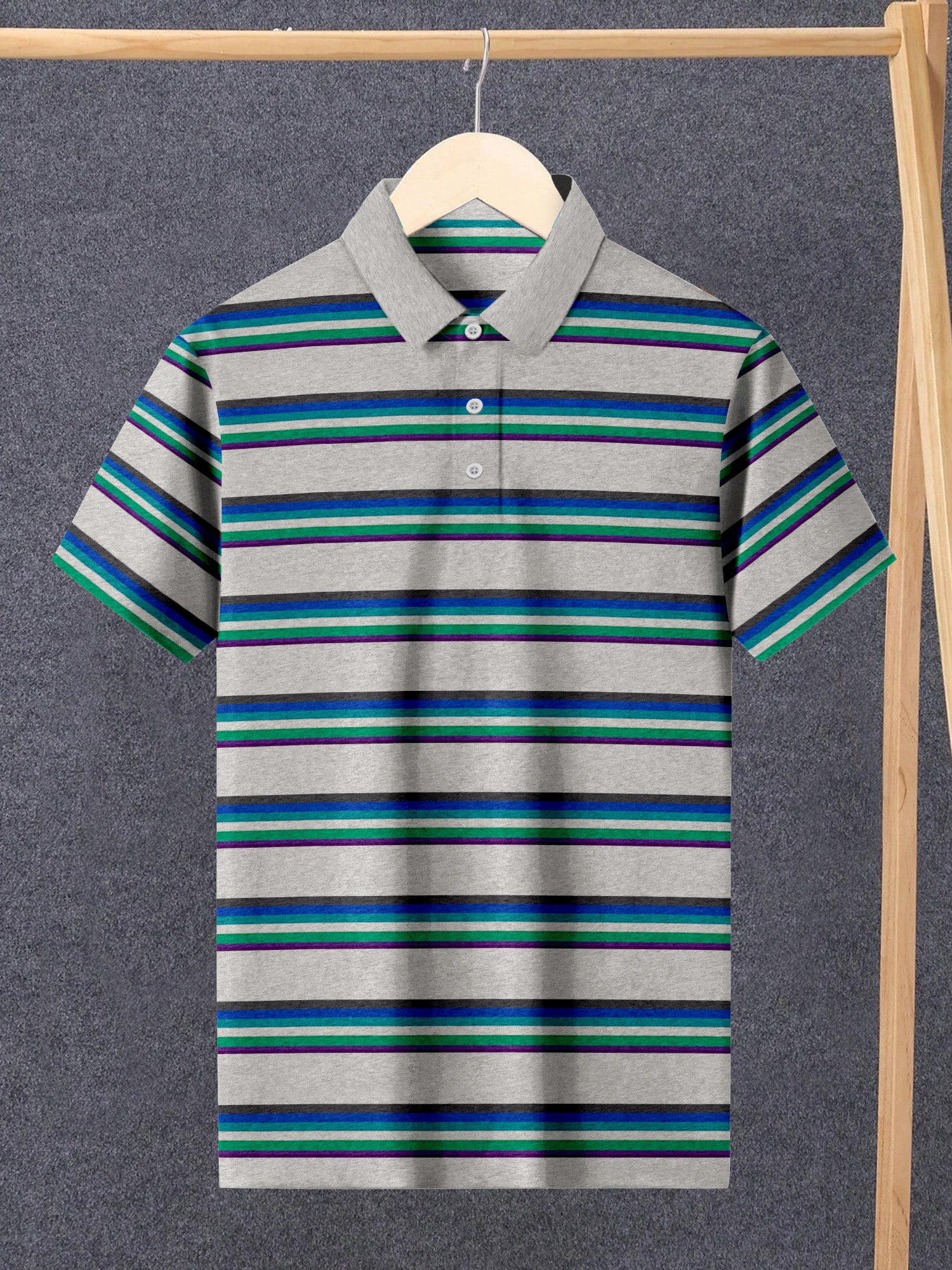 NXT Summer Polo Shirt For Men-Grey Melange with Stripe-BE1776